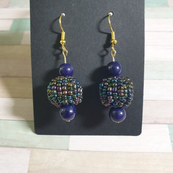 Handmade Beaded Dangle Earrings Multicolor Beads Gold Hooks Jewelry Blue - Picture 2 of 4